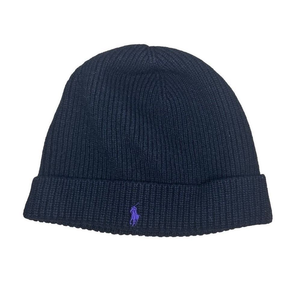 Polo Ralph Lauren Purple Logo Merino Wool Black Beanie Hat